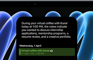 iPad mini, front view, displaying a notification about an upcoming meeting using the Siri AI summarize feature