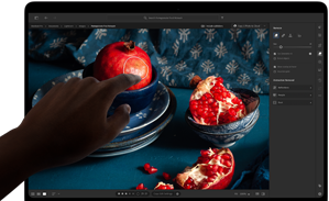 MacBook Pro with PROLED XDR Display with a still life image of pomegranates with blue ceramics and textiles, a hand reaches toward the screen to interact with the art