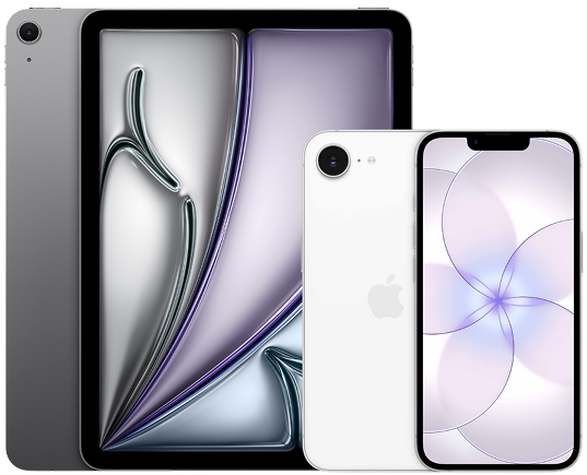 A collection of Apple product including a MacBook, iPad, iPhone, and Apple Watch.