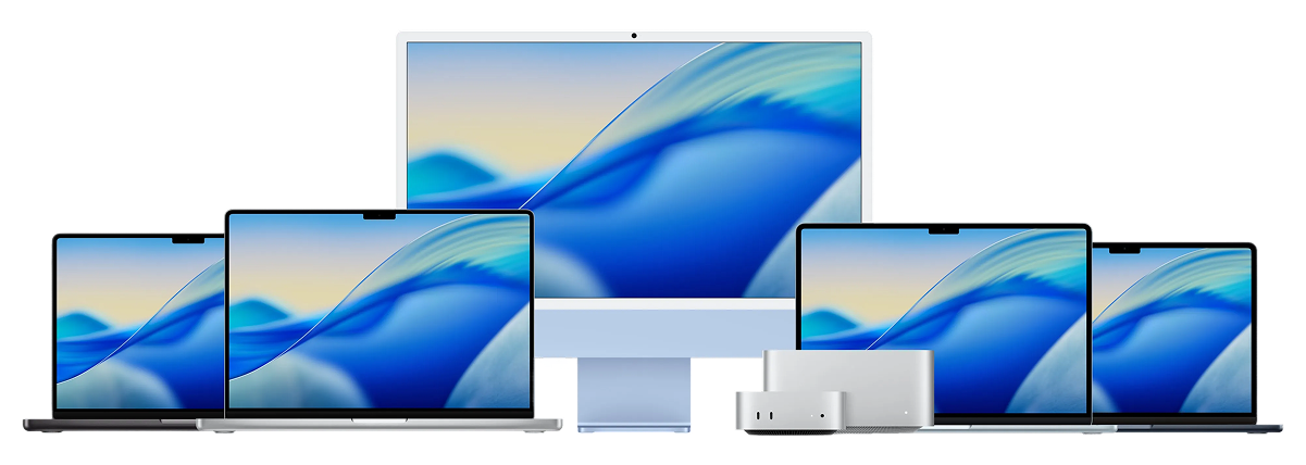 A collection of Apple devices including iMac, MacBook, iPad, iPhone, and Apple Watch.