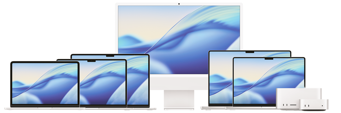 A collection of Apple devices including iMac, MacBook, iPad, iPhone, and Apple Watch.