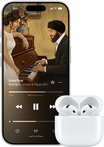 iPhone next to AirPods in charging case, case is open