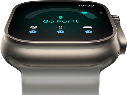 Apple Watch Ultra 4, titanium case, natural color, readiness score of 8, right side exterior, Digital Crown, raised side button, Ocean Band, translucent gray color