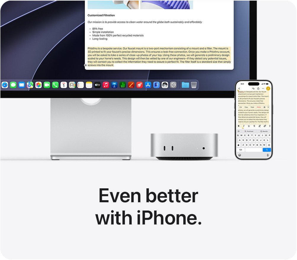 Mac + iPhone. iPhone Mirroring lets you view and use your iPhone directly from your Mac.