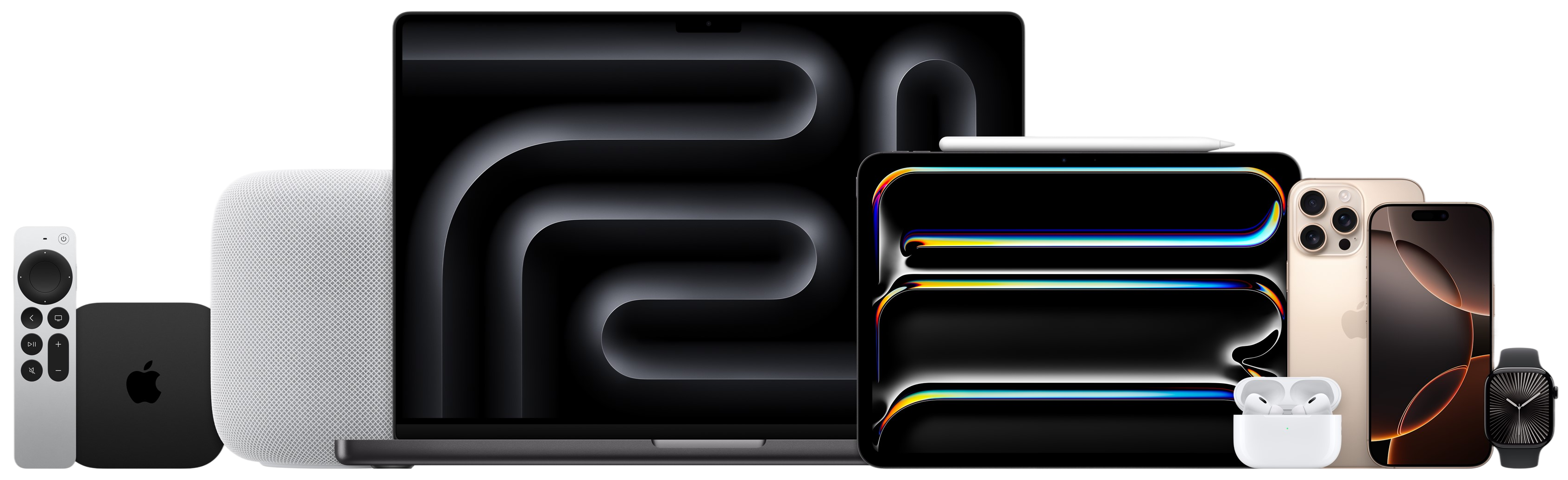 A collection of Apple devices including MacBook, iPhone, Apple Watch, and AirPods.