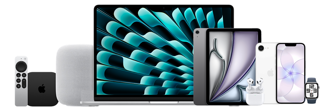 A collection of Apple devices including MacBook, iPhone, Apple Watch, and AirPods.